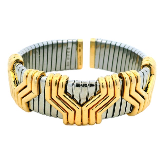 1990s Bulgari Parentesi Tubogas 18k Gold & Stainless Steel Cuff Bracelet For Sale