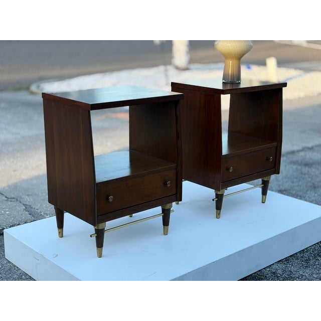 Brass A Pair of Classic Mid Century Night Stands Open Backs Walnut Ca' 1960's For Sale - Image 8 of 18