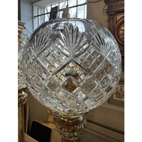 Pair of Mid 20th Century Brass and Marble With Cut Crystal Open Globe Torchiere Buffet Lamps For Sale - Image 9 of 12