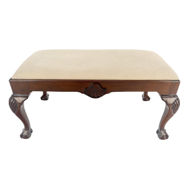 Carved Mahogany Ball & Claw Chippendale Feet Ultra Suede Upholstery Bench MINT For Sale