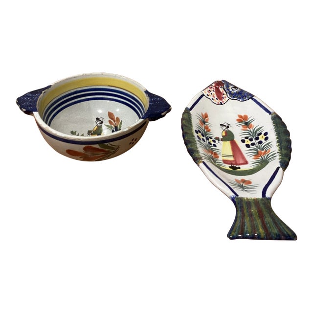 Vintage Henriot Quimper Fish Dish # 540 & Soup Bowl With Handles #178 France- 2 Pieces For Sale