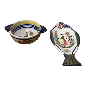 Vintage Henriot Quimper Fish Dish # 540 & Soup Bowl With Handles #178 France- 2 Pieces