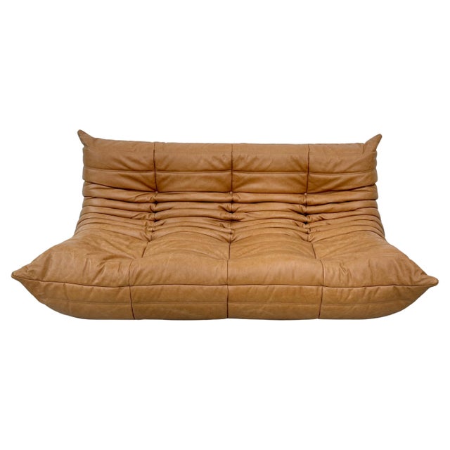 French 3-Seater Togo Sofa in Dark Camel Leather attributed to Michel Ducaroy for Ligne Roset For Sale - Image 11 of 11