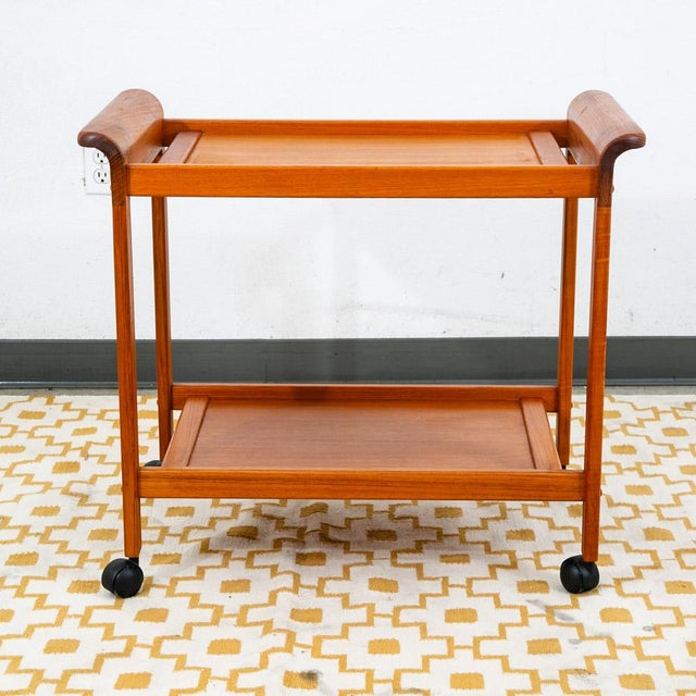 Mid Century Danish Modern Serving Cart Trolley Teak Wood Rolling Bar Vintage MCM For Sale - Image 4 of 11