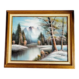1950s Original Signed M. Scott Textured Winter Mountain Landscape Oil Painting By, Framed For Sale