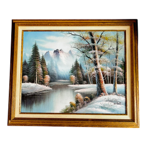1950s Original Signed M. Scott Textured Winter Mountain Landscape Oil Painting By, Framed