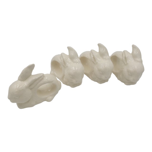 1990s Farmhouse Glazed White Ceramic Bunny Napkin Rings-Set of 4 For Sale