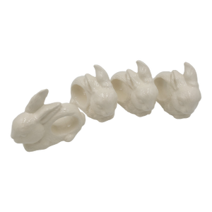 1990s Farmhouse Glazed White Ceramic Bunny Napkin Rings-Set of 4