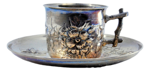 Art Nouveau Silver Cup and Saucer with Insects and Floral Motifs Relief and Tree Trunk-Shaped Handle, Set of 2