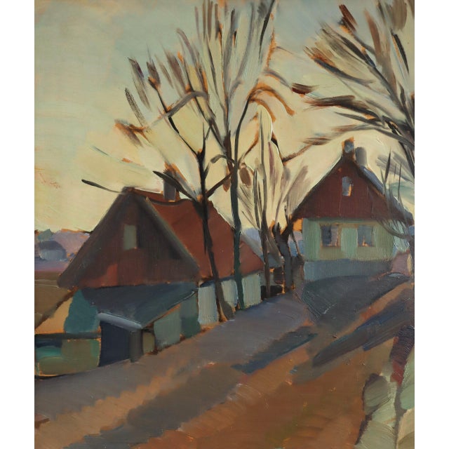 Mid-Century Modern 'The Quiet Road Home' Original Swedish Landscape Street Scene Oil Painting, Framed For Sale - Image 10 of 11