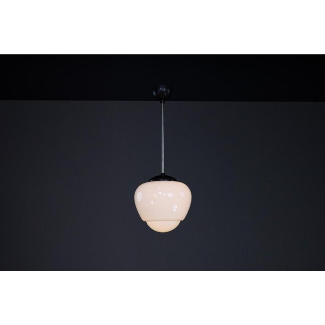 1950s Bauhaus Opaline and Bakelite Pendant Lamp, Czech Republic, 1950s For Sale - Image 5 of 9