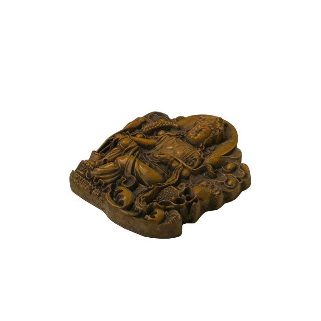 Religious Vintage Small Wood Carved Light Brown Bodhisattva Pendant Plaque For Sale - Image 3 of 6