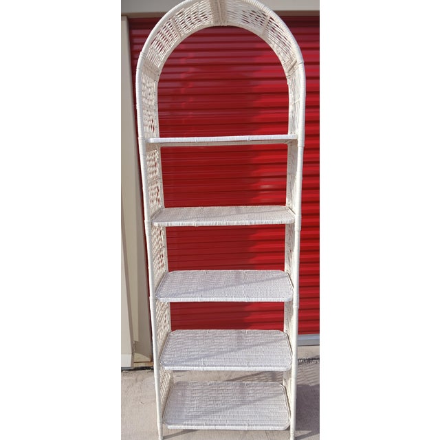 Wood Vintage Boho-Chic White Rattan & Wicker 5-Tier Arched Bookcase For Sale - Image 7 of 7