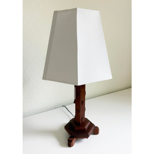 1940s Hexagonal Wood Table Lamp With Diamond Relief For Sale - Image 9 of 11