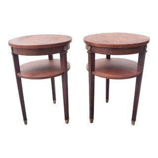 1950s Refinished Mahogany 2-Tier Round Candle Stands With Brass Capped Legs, Pair For Sale