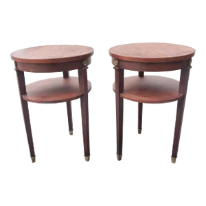 1950s Refinished Mahogany 2-Tier Round Candle Stands With Brass Capped Legs, Pair