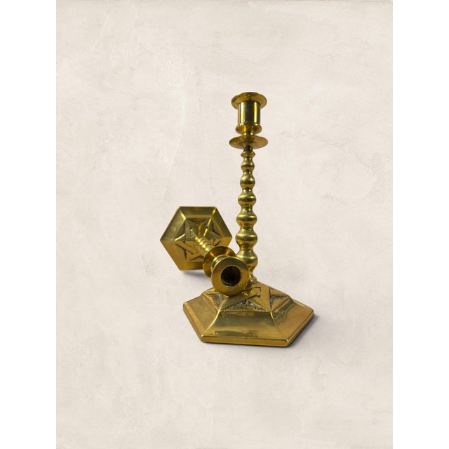 1900 - 1909 Antique English Edwardian Brass Hexagonal Candlestick Holders For Sale - Image 5 of 18