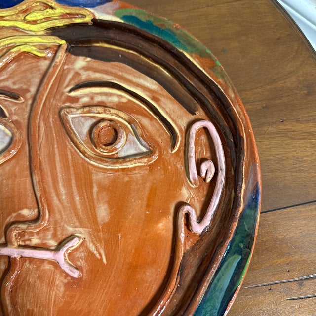 Mid-Century Modern Vintage Studio Pottery Abstract Face Ceramic Plate Picasso Style Wall Art Platter For Sale - Image 3 of 9