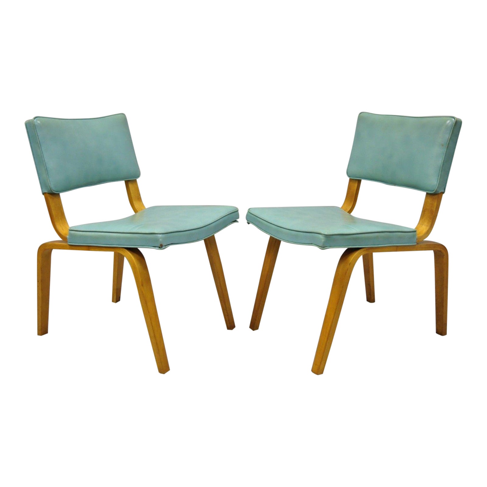 Vintage Bentwood Aqua Blue Vinyl Dining Side Chairs a Pair