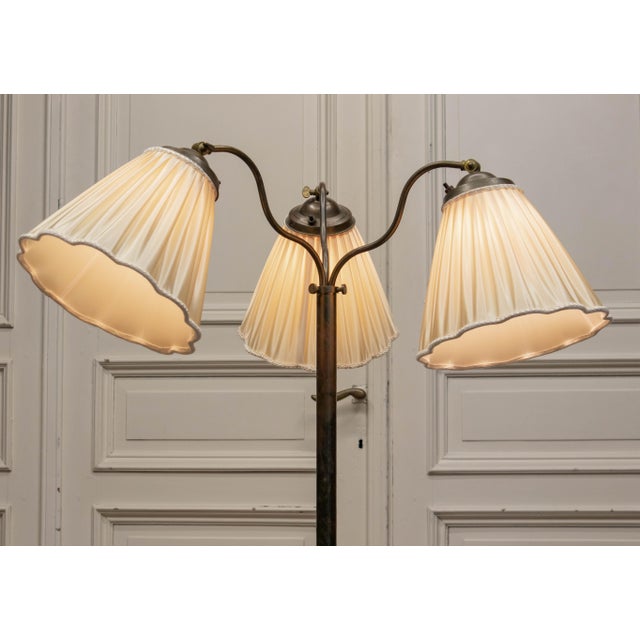 Brass and Copper Floor Lamp with Three Satin Shades, Sweden, 1940s For Sale - Image 4 of 11