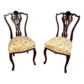 Antique Victorian Carved Mahogany Side Chairs, 1880, Set of 2 For Sale