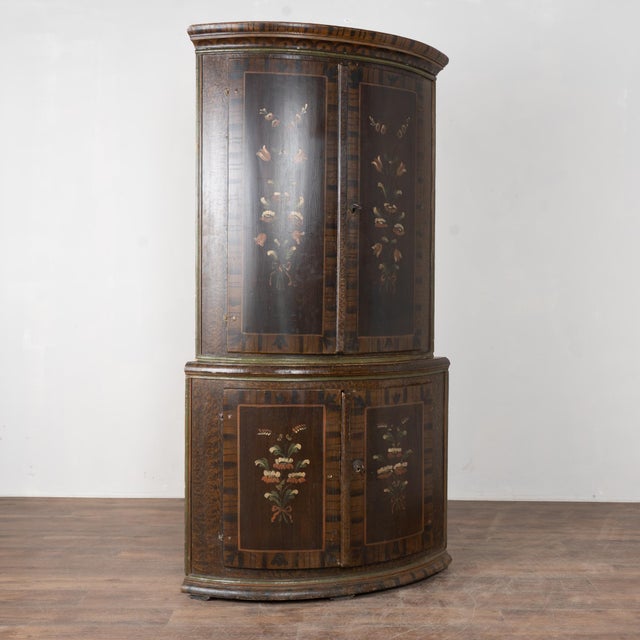 Folk Art Original Hand-Painted Swedish Pine Bowfront Corner Cabinet, Dated 1846 For Sale - Image 3 of 8