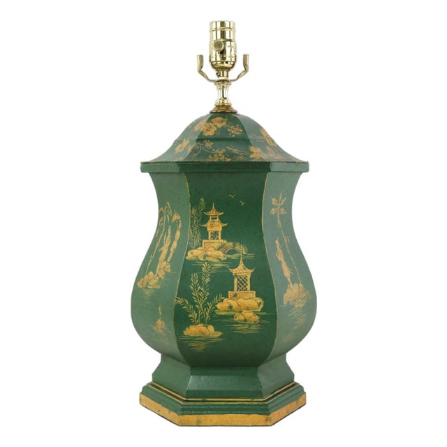 Vintage Green and Gold Hand Painted Tole Scalloped Hexagon Table Lamp Chinoiserie Temple Shape Pagoda Scene For Sale
