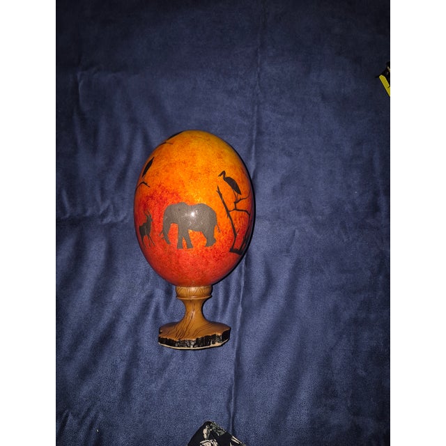 African Hand-Painted African Ostrich Eggshell Mounted on a Wooden Pedestal For Sale - Image 3 of 6