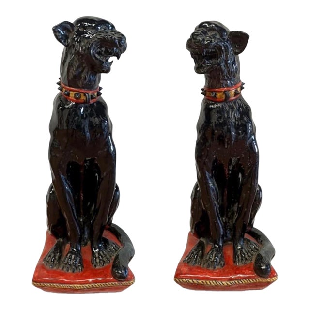 Pair of Ceramic Panther Statues For Sale