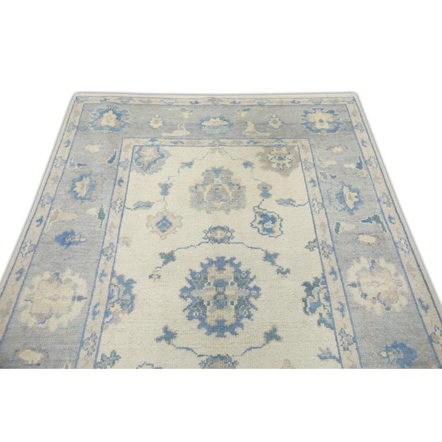 Early 21st Century Blue Floral Handwoven Wool Turkish Oushak Rug 4'10" X 7'7" For Sale - Image 4 of 7