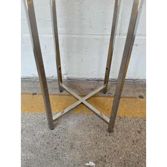 Stylish Currey & Co Rina Teal Drinks Table. 4 silver metal legs with round green desing composite top. Original Retail...