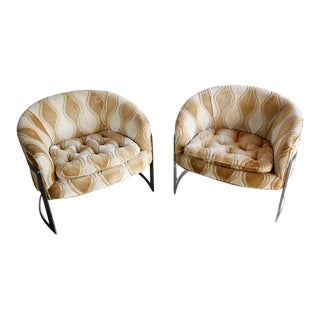 1970s Pair of Gold & Cream Floating Chrome Lounge Chairs For Sale