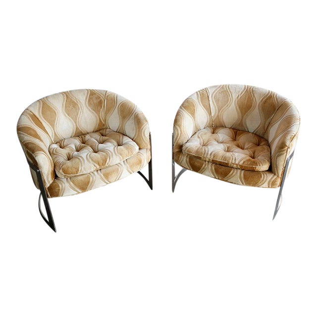 1970s Pair of Gold & Cream Floating Chrome Lounge Chairs For Sale