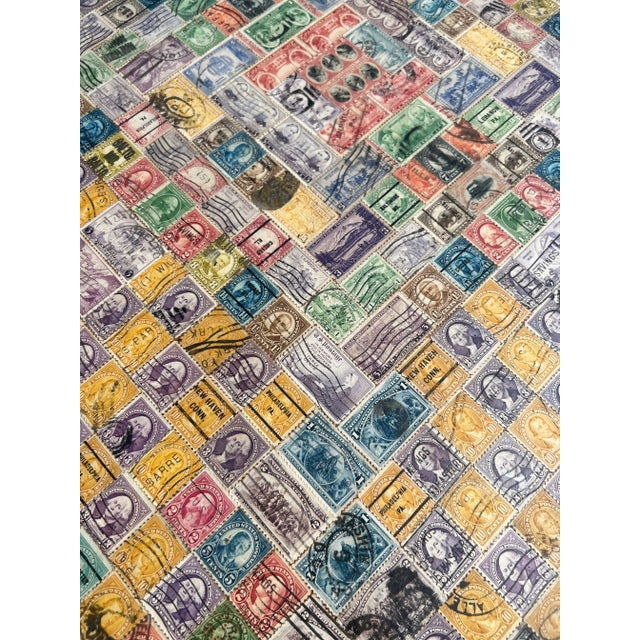 Metal Antique Pennsylvania Folk Art Postage Stamp Decoupage Game Table, 1938 For Sale - Image 7 of 13