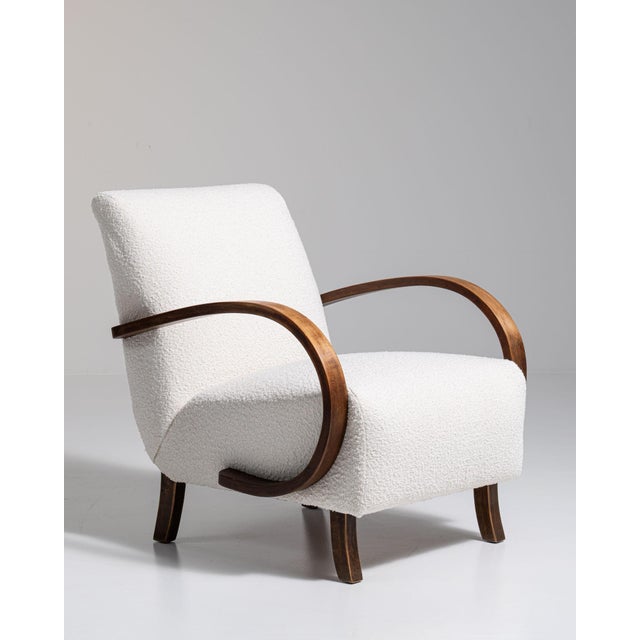 20th Century Czech Republic Warm Ivory Boucle Bentwood-Arm Lounge Chair For Sale - Image 10 of 11