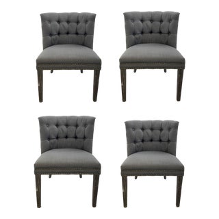 Modern Gray Tufted Linen Barrel Back Dining Chair Set of Four For Sale