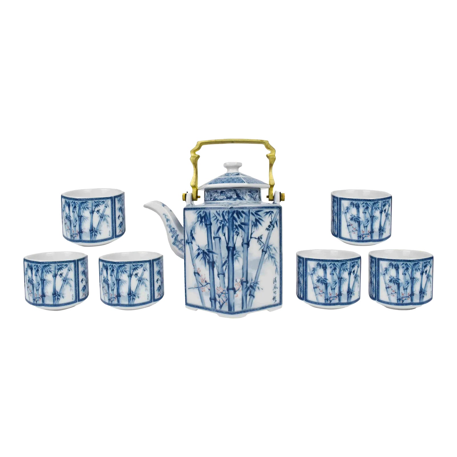 Mid 20th Century Blue and White Bamboo Design Japanese Tea Pot and Tea ...