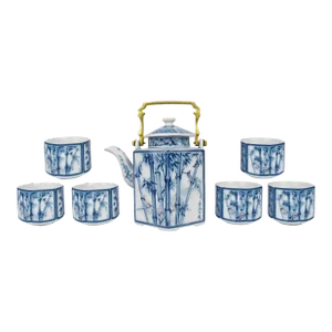 Mid 20th Century Blue and White Bamboo Design Japanese Tea Pot and Tea Cups Set - 7 Pieces