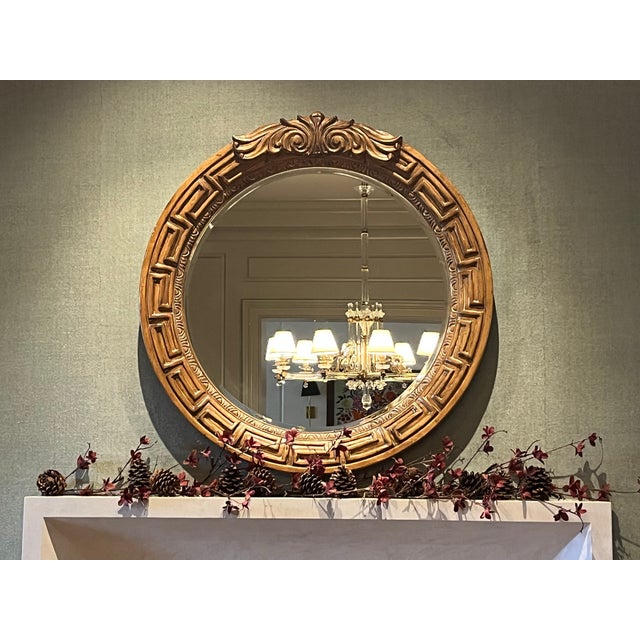 Mediterranean Large 1970s Wooden Greek Key Round Mirror For Sale - Image 3 of 5