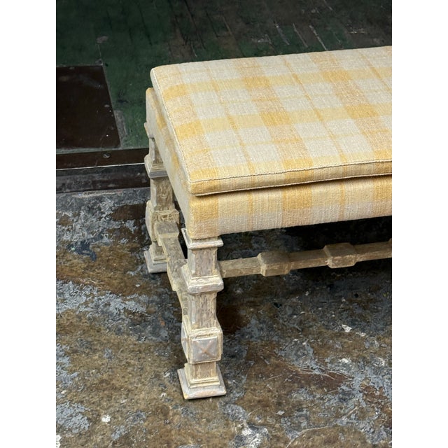 French Country Louis XIII Style Plaid Upholstered Bench For Sale - Image 10 of 12