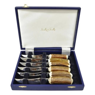 Late 20th Century Scully & Scully Arts & Crafts Natural Staghorn Handle Steak Knives - Set of 6 For Sale