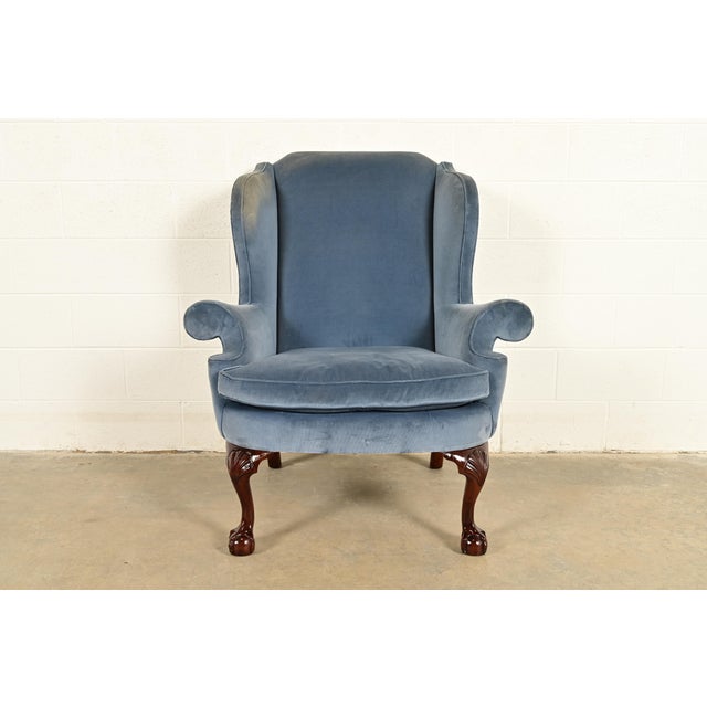 Kindel Furniture Chippendale Carved Mahogany Blue Velvet Upholstered Wingback Lounge Chair For Sale - Image 14 of 14
