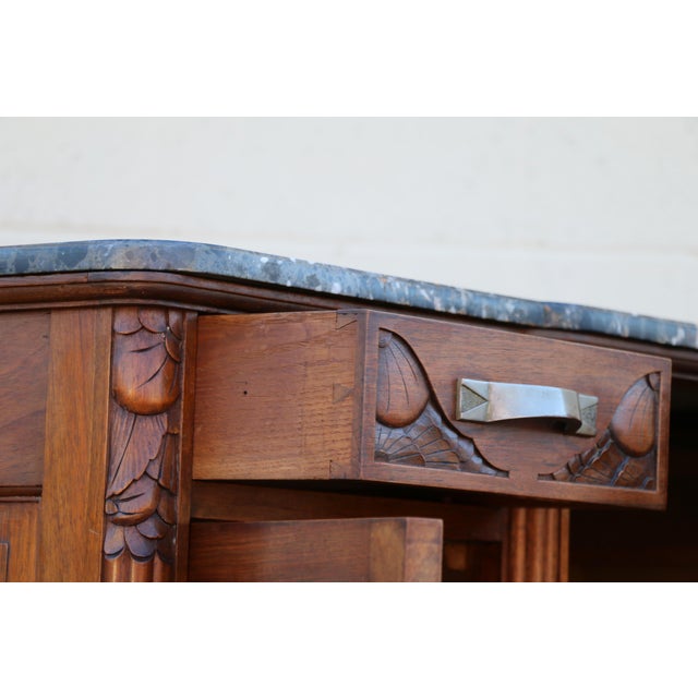 Antique French Art Deco Marble Top Sideboard Buffet Cabinet | Carved Solid Wood Bar Cabinet | Circa 1920s For Sale - Image 13 of 18