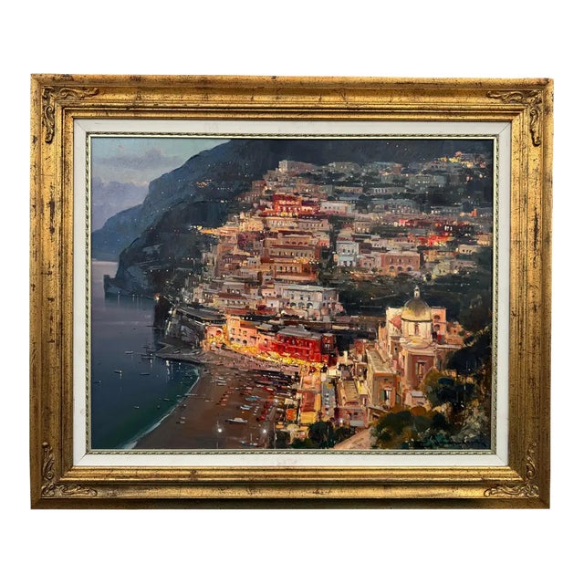 Late 20th Century View of Positano Amalfi Coast Italy Oil on Canvas by Alfredo Grimaldi For Sale