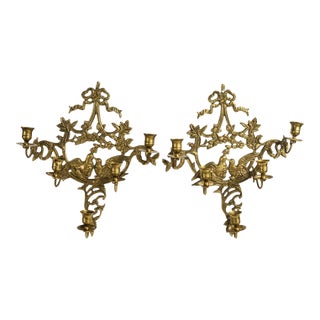 Vintage Solid Brass Ornate 5-Arm Wall Sconce Pair With Ribbon and Love Bird Motif For Sale