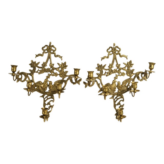 Vintage Solid Brass Ornate 5-Arm Wall Sconce Pair With Ribbon and Love Bird Motif For Sale