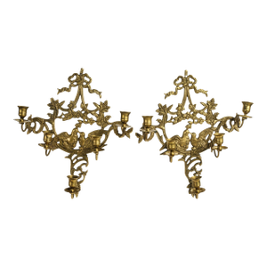 Vintage Solid Brass Ornate 5-Arm Wall Sconce Pair With Ribbon and Love Bird Motif