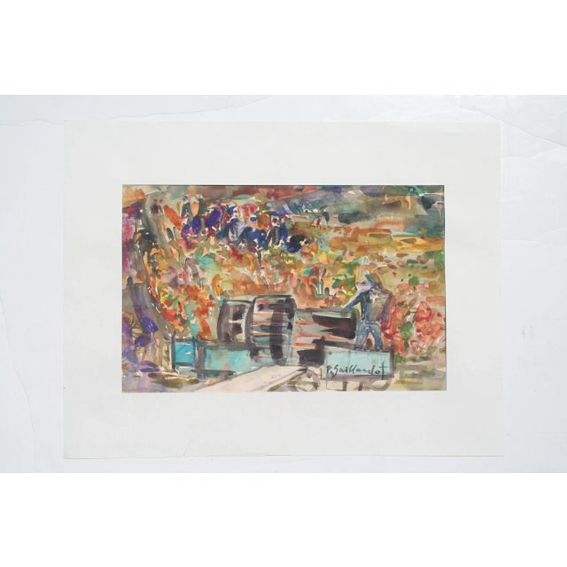 Watercolor painting of a vineyard at harvest time, by Pierre Gaillardot (French, 1910-2002). Signed "P. Gaillardot" lower...
