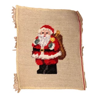 Vintage Finished Christmas Holiday Needlepoint Santa With Bag For Sale