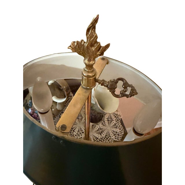 Late 20th Century Vintage French Empire Style Brass Bouillotte Table Lamp With Green Tole Shade For Sale - Image 5 of 12